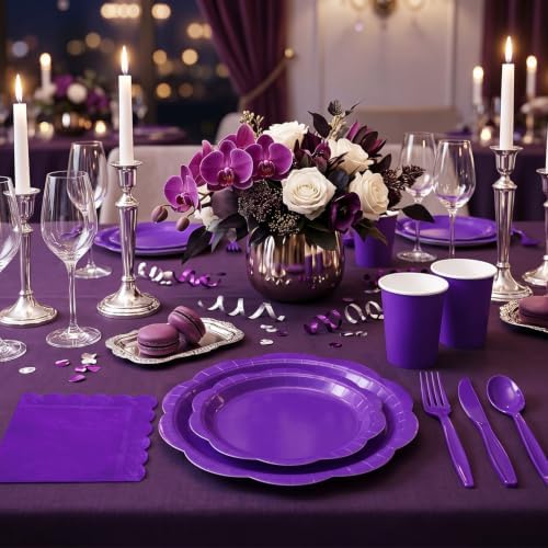 Deep Purple Party Dinnerware Set, 175 Pcs Disposable Decagonal Paper Plates, Cups, Napkins and Plastic Cutlery, Serves 25 for Halloween, Birthday and Wedding Parties - Image 4