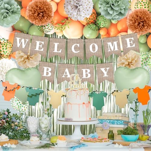 Orange Green Baby Shower Decorations-Welcome Banner Sage Green Sand White Confetti Balloon 'Oh-Baby' Cake Topper Fringe Curtains Paper Pom Poms for Boho Neutral Little Cutie Baby Shower Fall Party - Image 4