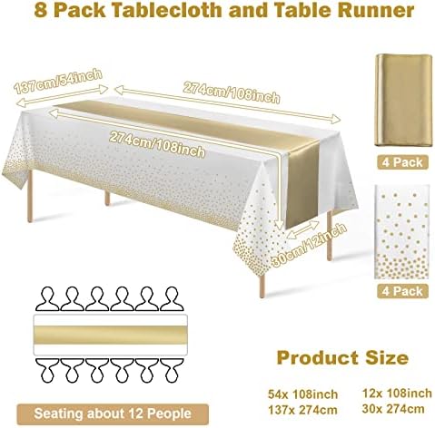 8Pack Disposable Plastic Tablecloths and Satin Table Runner Set White and Gold Dot Tablecloth Gold Satin Table Runner for Wedding Birthday Baby Shower Anniversary Christmas New Year Party Decorations - Image 2