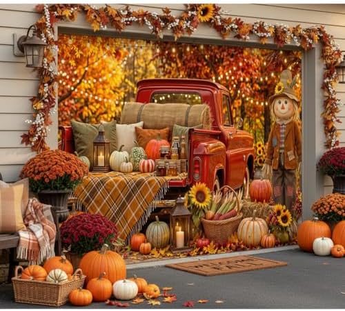 Fall Garage Door Cover 8x6ft Red Truck Pumpkin Scarecrow Harvest Decor - Image 7