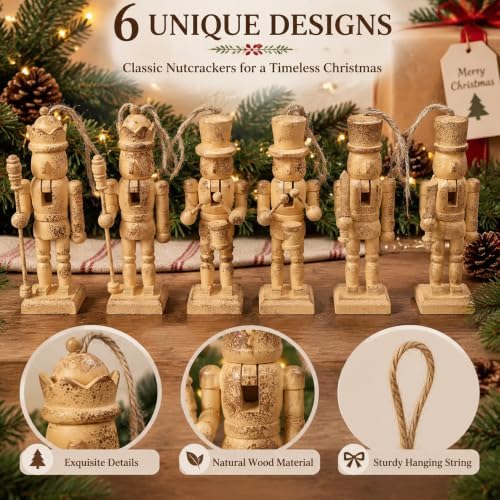 Leinuosen 6 Pcs Neutral Christmas Nutcracker Ornament Wooden Decor, Brass - Image 3