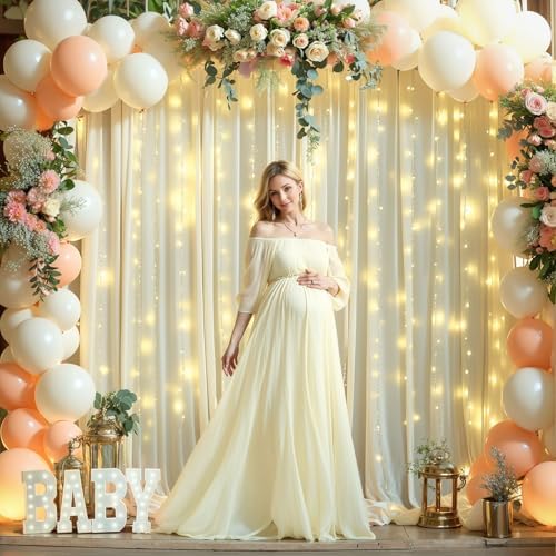 10 x 10ft Beige Backdrop Curtains with Lights String for Party by PartyTalk
