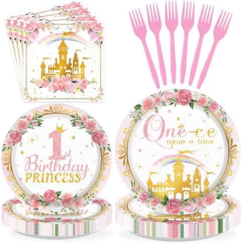 Grencian 96Pcs Princess 1st Birthday Party Decorations for Girls, Serves 24 by Grencian