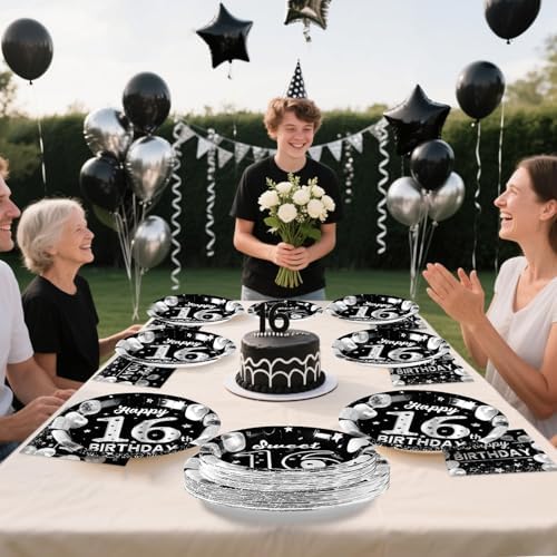 Grencian 96 Pcs Silver Black 16th Birthday Party Decorations, Serves 24 - Image 5