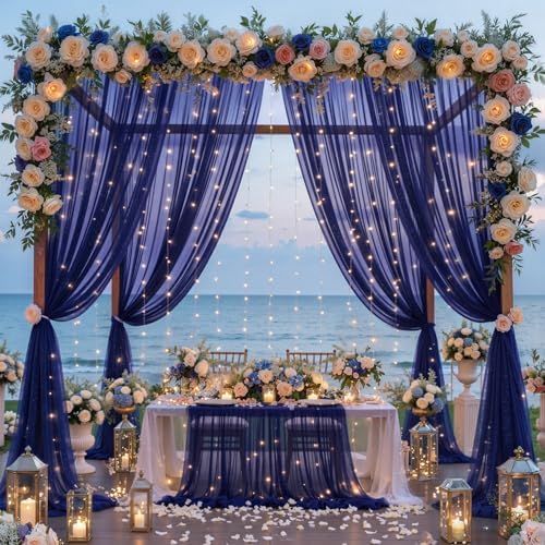 10x10FT Navy Blue Wrinkle Free Backdrop Curtains with Lights String for Parties - Photo Curtain Backdrop with Lights for Wedding Decorations, Bridal Baby Shower Birthday Party Photography Background - Image 3