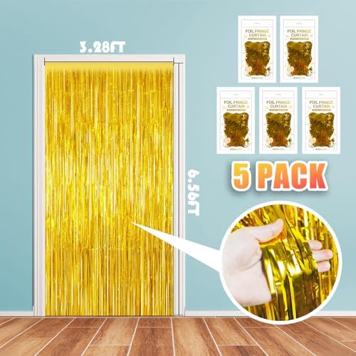 5 Pack 3.28ft x 6.56ft Gold Metallic Tinsel Foil Fringe Curtains, Photo Booth Backdrop Party Decorations for Birthday Wedding Baby Shower Graduation Bachelorette New Years - Image 2