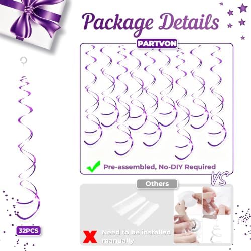 32 PCS Purple Hanging Swirl, Sparkle Ceiling Hanging Decorations, Plastic Streamer Party Decorations for Birthday, Princess Party, Masquerade, Graduation - Image 3