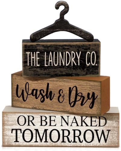 Moucuny 4 Pcs Farmhouse Laundry Room Decor Stacked Blocks Rustic Home Decor by Moucuny
