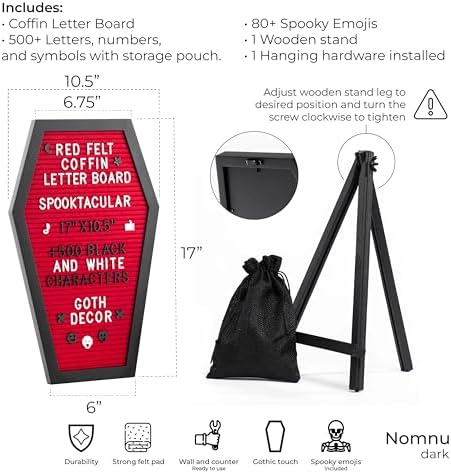 Nomnu Coffin Letter Board, Red Gothic Decor w/Bat Stickers, Spooky Emojis - Image 3
