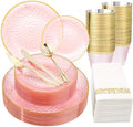 Rubtlamp 175 Pcs Pink Plastic Plates Dinnerware Set (25 Guests), Pink Disposable Plates With Gold Rim, Hammered Party Platos Set Include Dinner Plates, Dessert Plates, Cups, Cutlery for Party by Rubtlamp