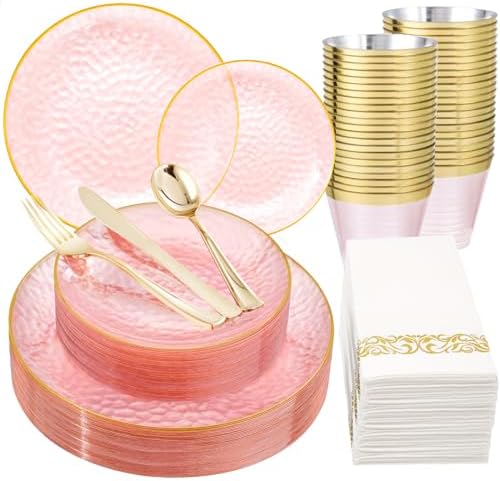 Rubtlamp 175 Pcs Pink Plastic Plates Dinnerware Set (25 Guests), Pink Disposable Plates With Gold Rim, Hammered Party Platos Set Include Dinner Plates, Dessert Plates, Cups, Cutlery for Party by Rubtlamp