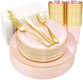 Rubtlamp 210Pcs Plastic Pink Plates with Gold Plastic Silverware Set Include 30Pink Dinner & 30 Dessert Plates, 90Gold Cutlery, 30Gold Cups, 30Napkins, Pink Dinnerware for Valentines&Mother's Day by Rubtlamp