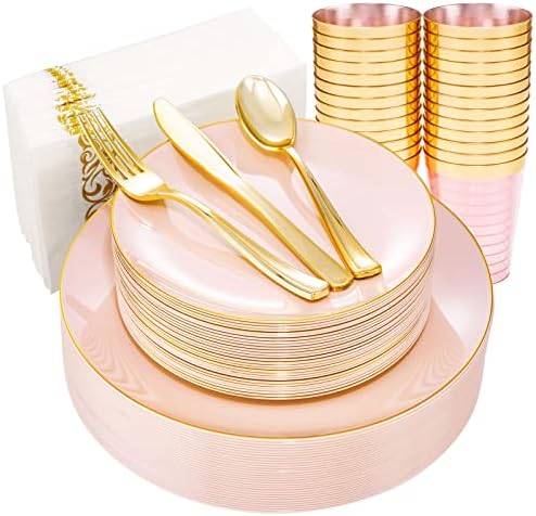 Rubtlamp 210Pcs Plastic Pink Plates with Gold Plastic Silverware Set Include 30Pink Dinner & 30 Dessert Plates, 90Gold Cutlery, 30Gold Cups, 30Napkins, Pink Dinnerware for Valentines&Mother's Day by Rubtlamp