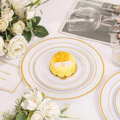 NOCCUR 200PCS Gold Plastic Plates - 100 Dinner / 100 Dessert Disposable Plates Heavy Duty - Ideal for Wedding/Party/Fall/Thanksgiving - Image 4