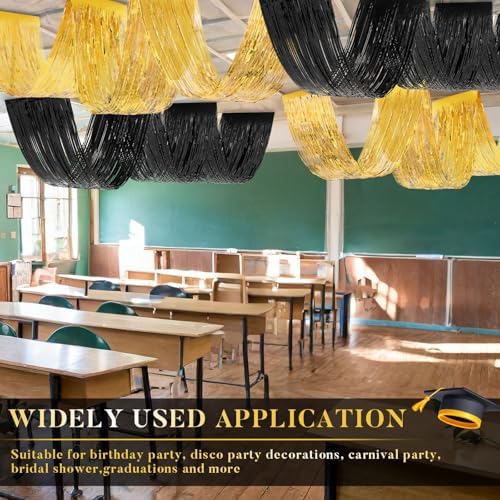 Breling 8 Pcs Black Gold Ceiling Fringe Curtains, Foil Drapes, 15 ft - Image 6