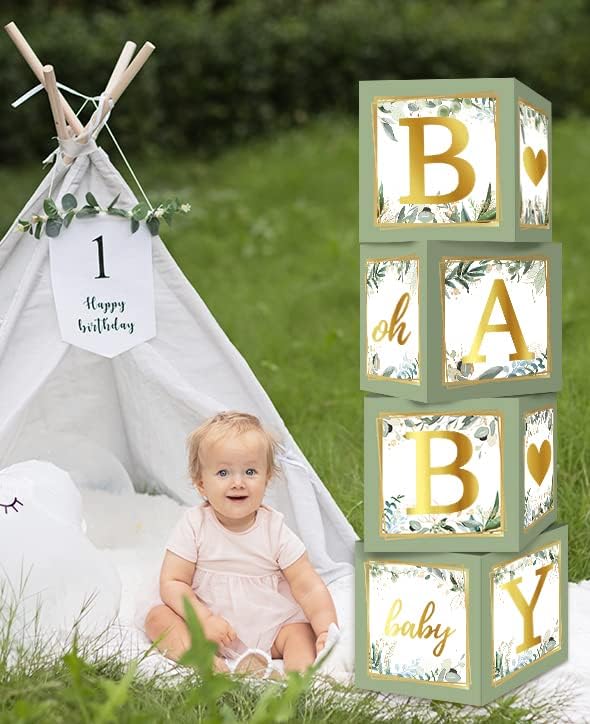 RUBFAC Baby Shower Boxes with Letters, 4pcs Sage Green Baby Shower Decorations for Boy Girl Balloon Boxes Gender Reveal Birthday Party Favors - Image 6
