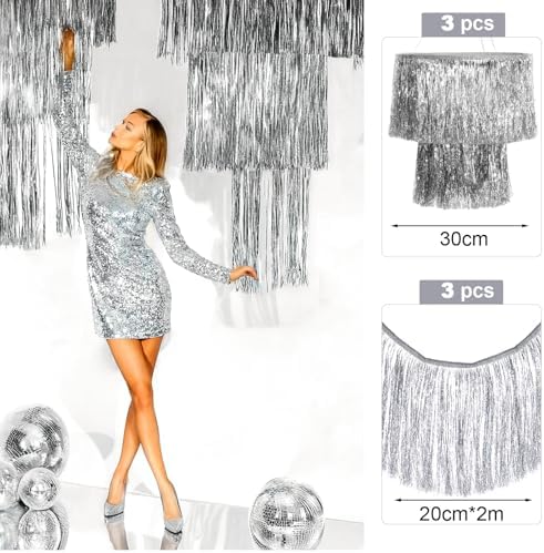 Hahafelt Silver 6 Pcs 1920s Party Decor 2 Tier Fringe Tinsel Chandelier - Image 2