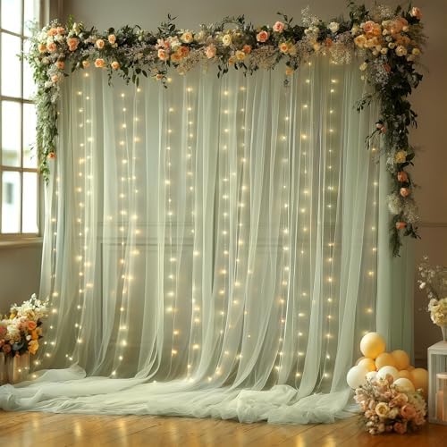 Wish Care 20x10FT Green Wrinkle Free Backdrop Curtains with Lights String for Parties - Photo Curtain Backdrop with Lights for Wedding Decorations, Bridal Baby Shower Birthday Party Photography by WishCare