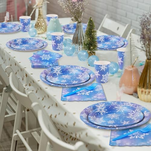 durony 144 Pieces Frozen Paper Plates and Napkins Dinnerware Set Winter Snowflake Party Tableware Supplies Includes Paper Plates Napkins Forks Serve 24 for Christmas Party Supplies - Image 6