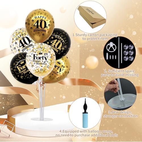 TONIFUL 4 Set Black Gold 40 Printed Balloon Stands for 40th Birthday Decor - Image 3