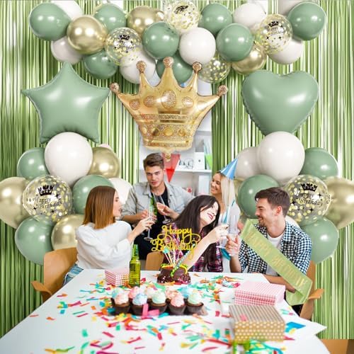 Sage Green Birthday Decorations with Olive Green Fringe Curtain Sash Foil Balloon Eucalyptus White Gold Latex Balloons Happy Birthday Banner for Girls Women Party Decoration - Image 5