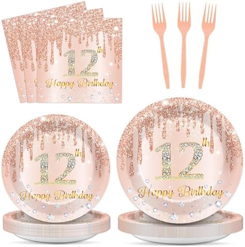 96 Pcs Rose Gold 12th Birthday Party Plates and Napkins for Girls Rose Gold Party Supplies Pink Happy 12 Years Birthday Party Tableware Set for 24 Guests Party Decorations by CHUNNIN