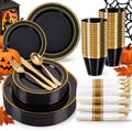 WELLIFE 210PCS Black and Gold Plastic Plates - Plastic Dinnerware Set for 30 Guests,Include 30 Dinner Plates, 30 Dessert Plates, 30 Black Cups 9 OZ, 30 Pre Rolled Napkins with Gold Silverware by WELLIFE