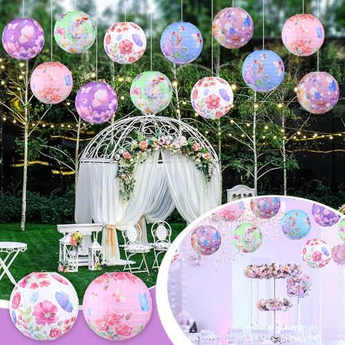 Panelee 12 Pcs Butterfly & Floral Theme Party Decorations Floral Hanging Paper Lanterns 8 Inches Round Flower Paper Lanterns for Summer Tea Party Ceiling Garden Wedding Bridal Decor Supplies - Image 5