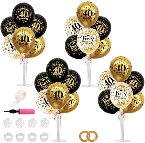TONIFUL 4 Set Black Gold 40 Printed Balloon Stands for 40th Birthday Decor by TONIFUL
