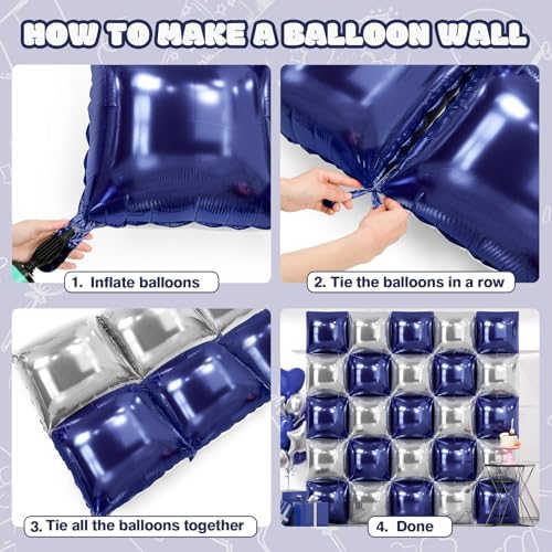 NISOCY 25PCS Navy Blue and Silver Square Foil Balloons Wall Backdrop - Image 5