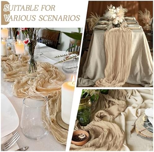 6 Pack Beige Cheesecloth Table Runner 17x108 Inch Semi Sheer Boho Gauze Cheese Cloth Fabric Table Runners Table Decor for Wedding Party Baby Shower Birthday Home Decor Garden Farmhouse - Image 3