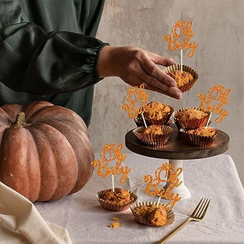 Ephlyn 24Pcs Pumpkin Oh Baby Cupcake Toppers Glitter Fall Theme Pumpkin Cupcake Picks Baby Shower Cake Decorations for Pumpkin Theme Gender Reveal Kids Birthday Party Supplies Orange - Image 5