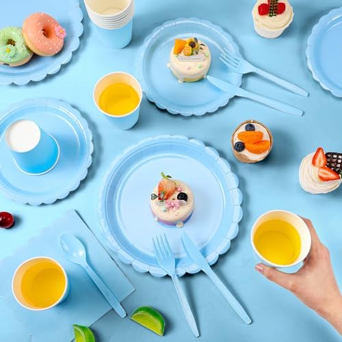 Tegeme 256 Pcs Light Blue Party Supplies Paper Plates Napkins Tablecloths Baby Blue Disposable Plastic Cups Forks Knives Spoons Serve 36 Guests for Birthday Baby Shower Wedding Dinnerware Decoration - Image 5