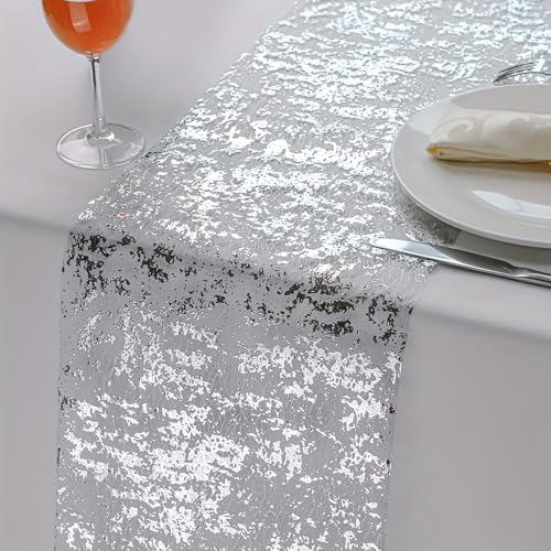 Snowkingdom Glitter Metallic Silver Table Runner 11 Inch x 32 Feet Thin Mesh Sparkle Runner Roll Silver Table Decorations for Wedding Bridal Shower, Baby Shower, Christmas, Birthday Party （1PC） - Image 2