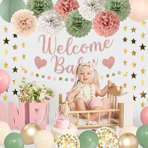 Amandir Sage Green and Pink Baby Shower Decorations Welcome Baby Banner - Image 6