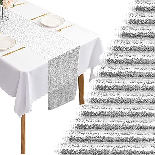 12 Packs 12 X 108 Inch Silver Sequin Table Runner Glitter Dining Table Runner for Birthday Wedding Engagement Bridal Baby Shower Bachelorette Holiday Celebration Party Supplies Decorations (Silver) by Fivenl