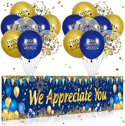 We Appreciate You Decorations Blue Gold Appreciate You Banner Yard Sign with 18 Pcs Balloons Thank You for All You Do Banner Employee Staff Appreciation Gifts Teacher Doctor Appreciation Party Decor by Unknown