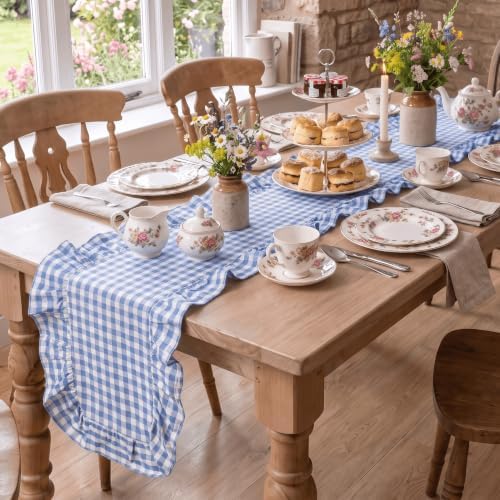 Artoid Mode Light Blue Farmhouse Plaid Gingham Ruffle Table Runner, Seasonal Scalloped Summer Kitchen Dining Table Decoration for Home Party Decor 13x60 Inch - Image 6