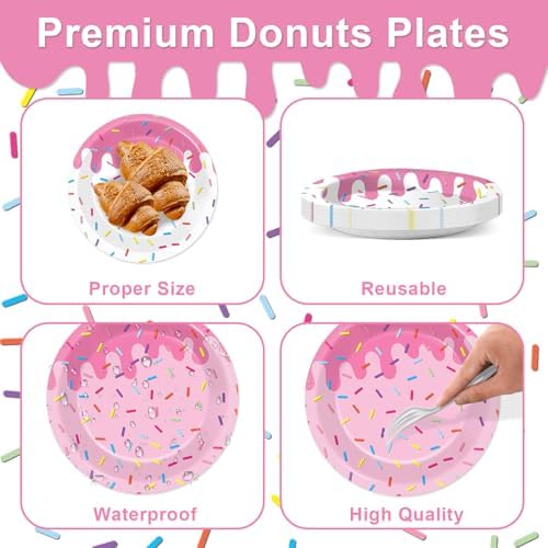 96Pcs Pink Donut Confetti Party Plates and Napkins Themed Decorations Spring Pink Donut Dessert Plates Donuts Tableware Set for 24 Guests Grow Up Themed Baby Shower Party Favors Supplies - Image 3