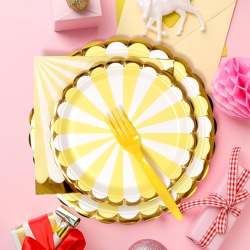 96PCS Yellow Party Paper Plates with Gold Scalloped Edge, Yellow Scalloped 9inch 7inch Dessert Paper Plates Party Supplies for Birthday Bridal Shower Picnic, Serve for 24 Guests, Striped - Image 2