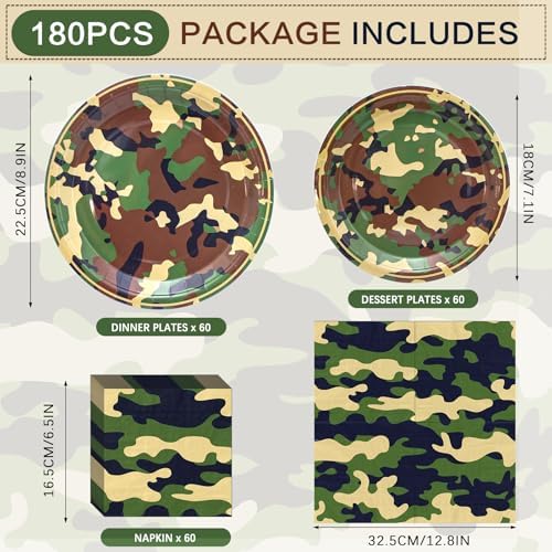 180PCS Camo Paper Plates and Napkins Party Supplies Serve 60, - Image 2