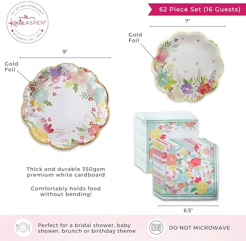 Kate Aspen Garden Blooms 62pc Paper Plates Napkins, 16pcs 7 inch & 16pcs 9 inch Heavy Duty Disposable Party Plates, 30pcs 6.5 inch Durable Paper Napkins for Bridal Shower, Baby Shower, Wedding Party - Image 6