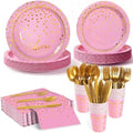 168Pcs Pink and Gold Paper Plates and Napkins Party Supplies for 24 Guest by OuMuaMua