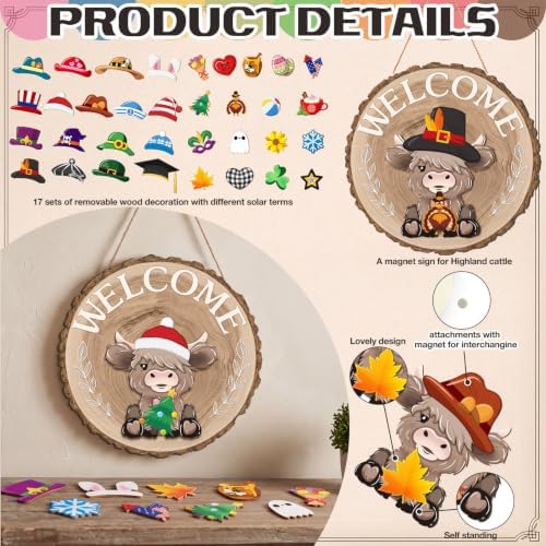 Vicenpal 35 Pcs Fall Interchangeable Highland Cow Welcome Sign, Raw Wood - Image 4