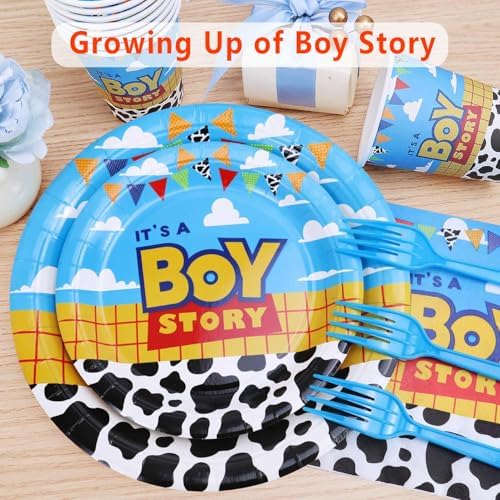 Boy Story Baby Shower Decorations, 25 Guests Includes Cardstock Plates Tableware | Tablecloth | Banner | Balloons | Cake Topper for It’s a Boy Story Baby Shower Themed Party Decorations - Image 6
