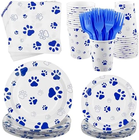 Kochorie 144 Pieces Blue Paw Print Party Tableware Sets Including Disposable Plates Napkins Cups Forks Serves 24 for Dog Puppy Theme Party Supplies by Kochorie