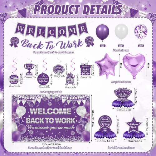 27pcs Welcome Back to Work Decorations Office Purple Welcome Back to Work Banner Balloons We Missed You So Much Backdrop Hanging Swirls Table Centerpieces Foil Balloons for Back to Work Office - Image 5