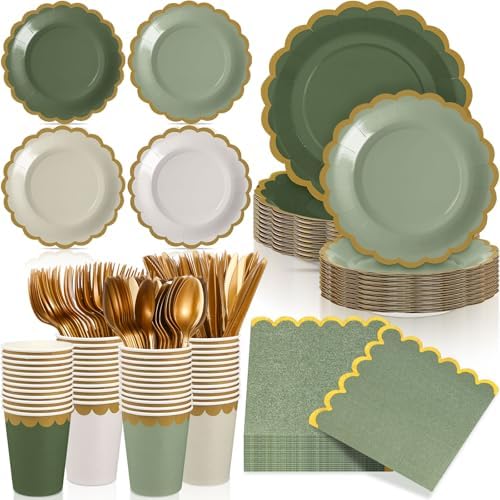Mimorou 169 Pcs Sage Green Plates Napkins Cups Flatware Set by Unknown