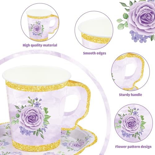 48 Sets Floral Paper Tea Cups and Saucers Disposable Tea Party Supplies Colorful Flower Teacups with Handle and Plates for Hot Cold Drink Wedding Birthday Party Baby Shower - Image 3