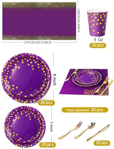 Nkaiso 141Pcs Purple Gold Paper Plates and Napkins Party Supplies for20 - Image 3
